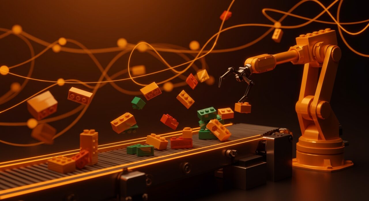 Inteligencia artificial automatizando la clasificación de piezas LEGO, destacando innovación y eficiencia en startups tecnológicas.