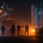 Equipo de bomberos voluntarios de SpaceX en Starbase en acción, simbolizando innovación y gestión avanzada en seguridad espacial.