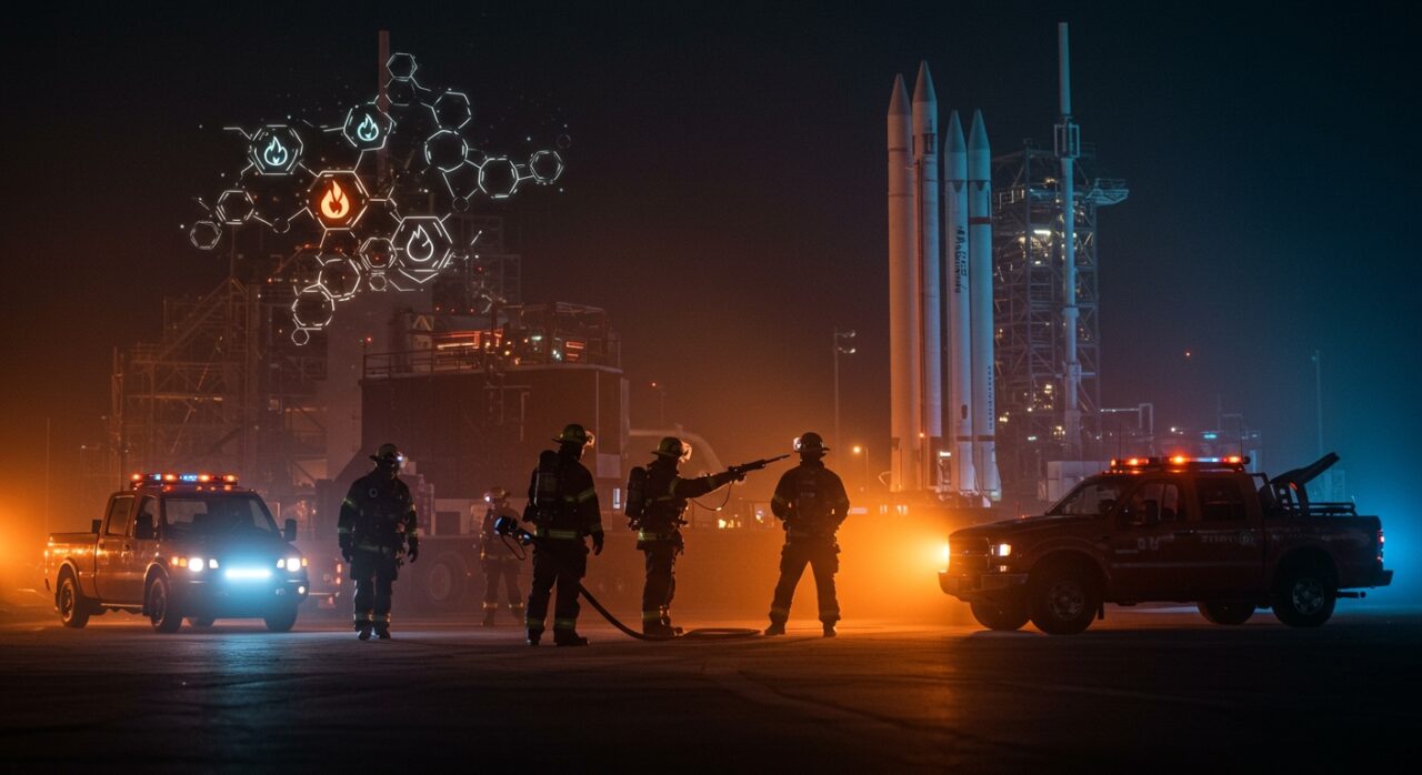 Equipo de bomberos voluntarios de SpaceX en Starbase en acción, simbolizando innovación y gestión avanzada en seguridad espacial.