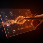 Interfaz futurista de Spotify SongDNA mostrando créditos musicales y análisis de datos en tecnología musical innovadora.