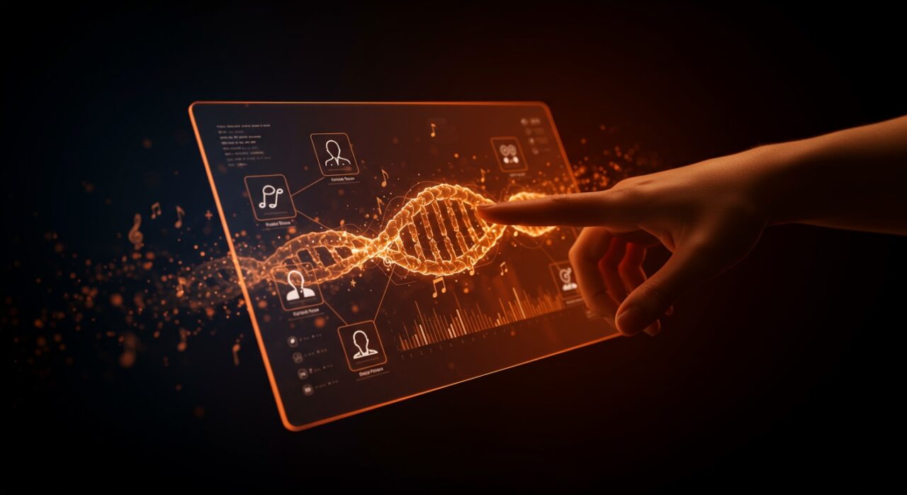 Interfaz futurista de Spotify SongDNA mostrando créditos musicales y análisis de datos en tecnología musical innovadora.