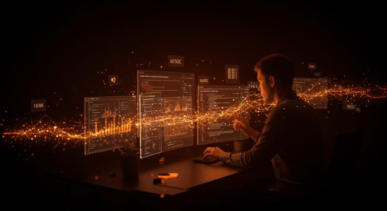 Desarrollador trabajando con SQL online y base de datos SQLite, ilustrando el crecimiento SaaS y 11 mil usuarios diarios.