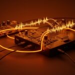 Protocolo open source StageConnect de Behringer representado con interfaces de audio profesional y conexiones digitales en paleta naranja y negro.