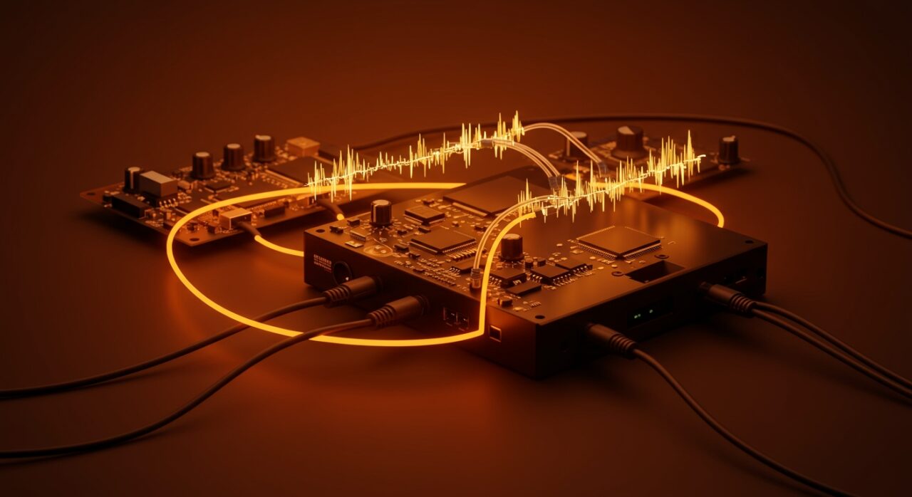 Protocolo open source StageConnect de Behringer representado con interfaces de audio profesional y conexiones digitales en paleta naranja y negro.