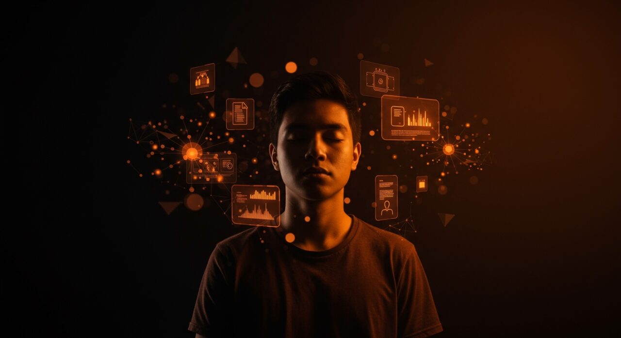 Estudiante chileno practicando mindfulness mientras aprende con IA personalizada para combatir ansiedad en preparación PAES.