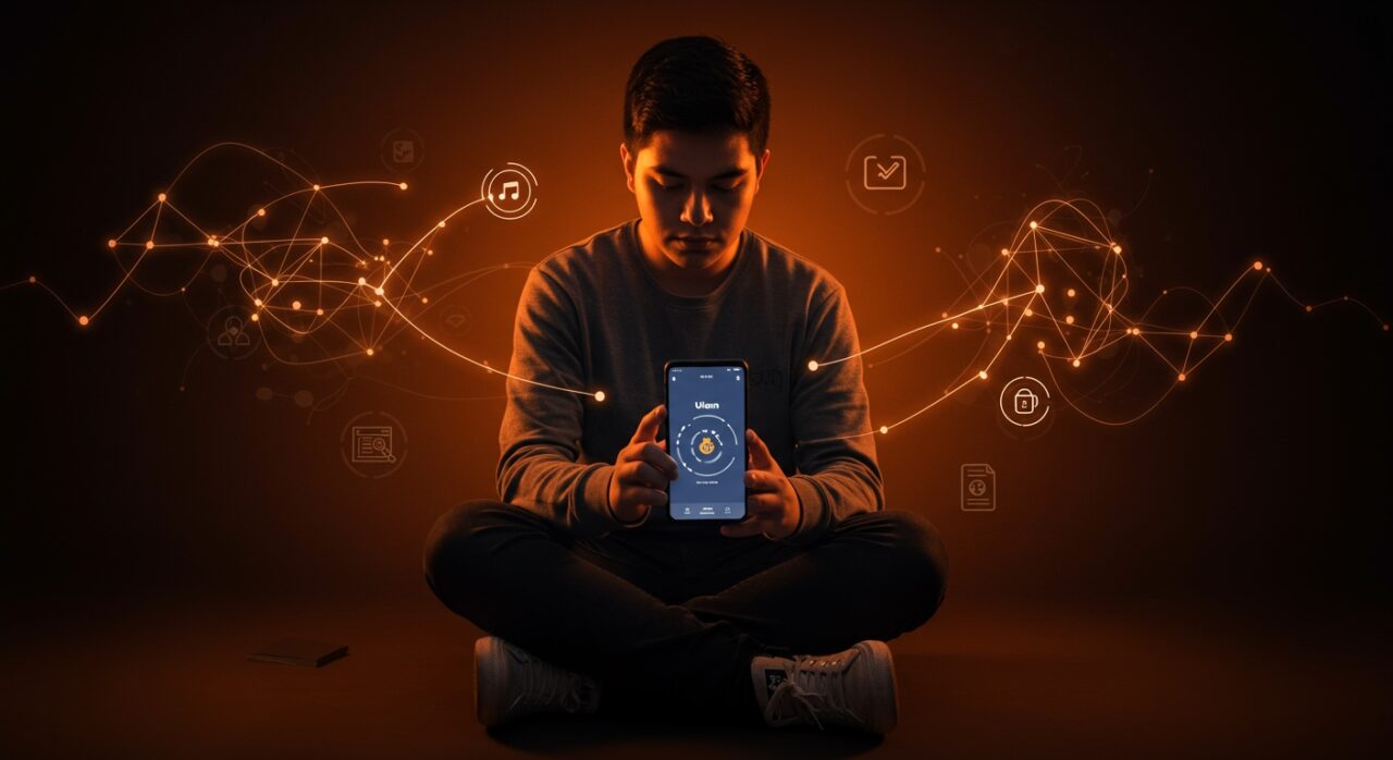 Estudiante chileno usando app Ulern que combina IA y mindfulness para manejar ansiedad pre-PAES en tecnología educativa.