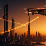 Drone innovador de la startup ecuatoriana Aerialoop volando sobre el skyline moderno de Dubái, simbolizando éxito global en logística aérea con drones.