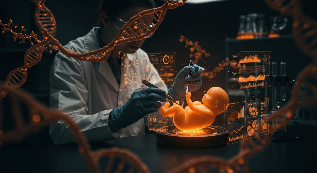 Startup biotecnológica editando embriones humanos con tecnología CRISPR enfrentando retos éticos e innovación en salud genética.
