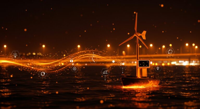 Mini turbina eólica vertical innovadora generando energía limpia en barcos y vías públicas, destacando tecnología sostenible y movilidad sostenible.