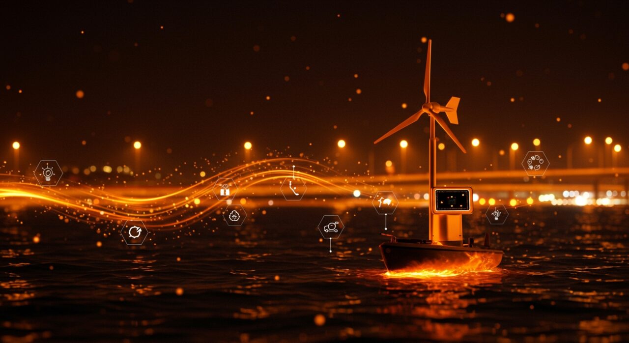 Mini turbina eólica vertical innovadora generando energía limpia en barcos y vías públicas, destacando tecnología sostenible y movilidad sostenible.