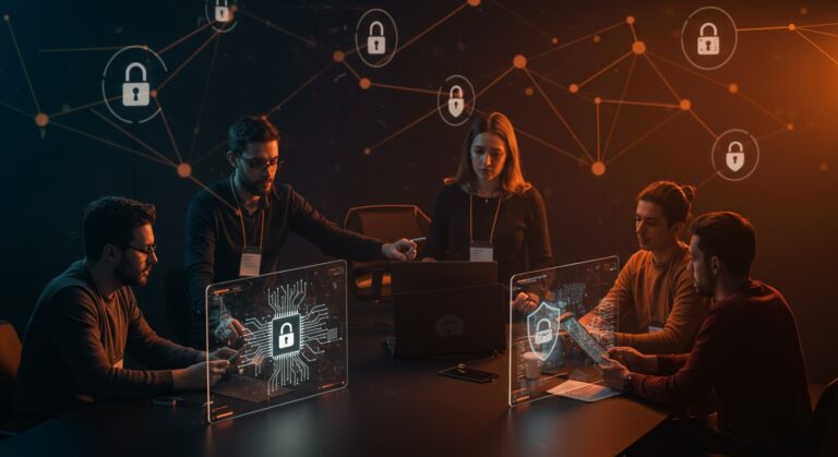 Emprendedores colaborando en Startup Olé Salamanca con metáforas visuales de inteligencia artificial y ciberseguridad en un entorno tecnológico innovador.