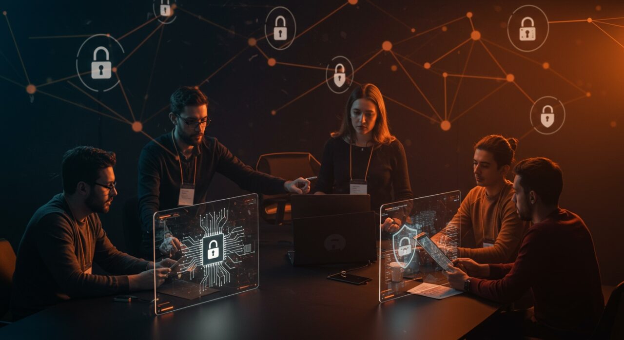 Emprendedores colaborando en Startup Olé Salamanca con metáforas visuales de inteligencia artificial y ciberseguridad en un entorno tecnológico innovador.