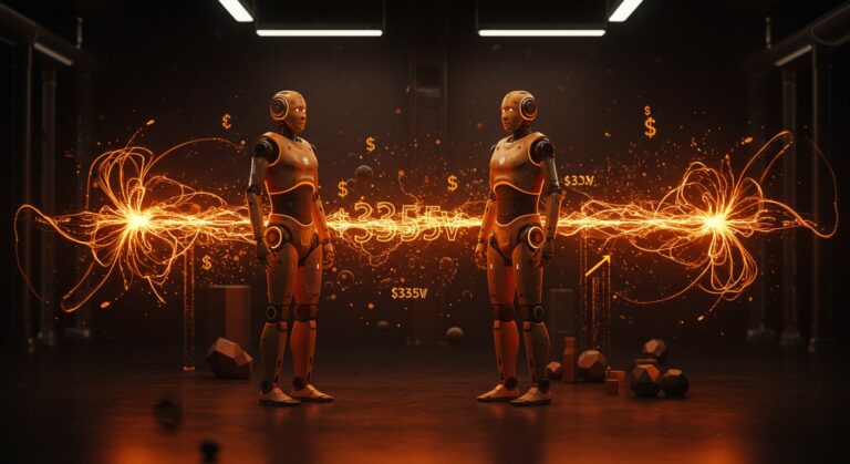 Robots humanoides futuristas de startups IA Rhoda AI y Genesis AI con iluminación naranja y negra simbolizando financiación millonaria en Silicon Valley.