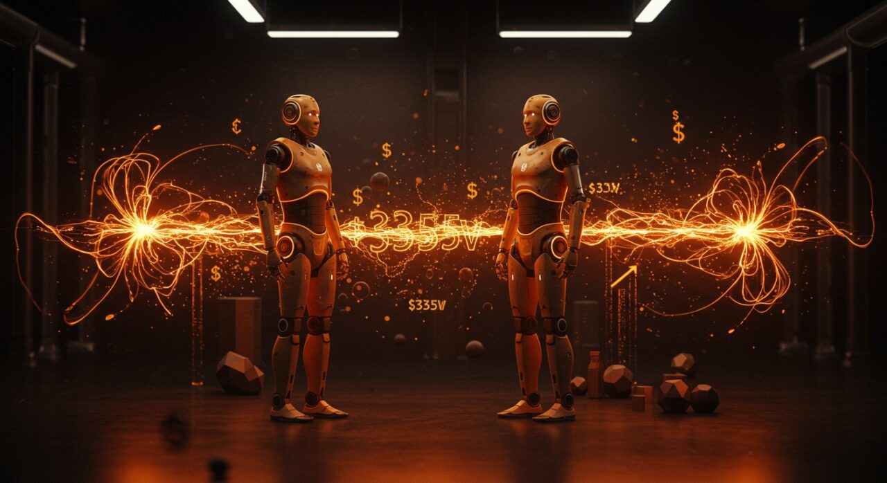 Robots humanoides futuristas de startups IA Rhoda AI y Genesis AI con iluminación naranja y negra simbolizando financiación millonaria en Silicon Valley.