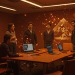 Startups madrileñas presentando innovaciones deportivas y tecnológicas al Atlético de Madrid en un entorno colaborativo de emprendimiento y sostenibilidad.