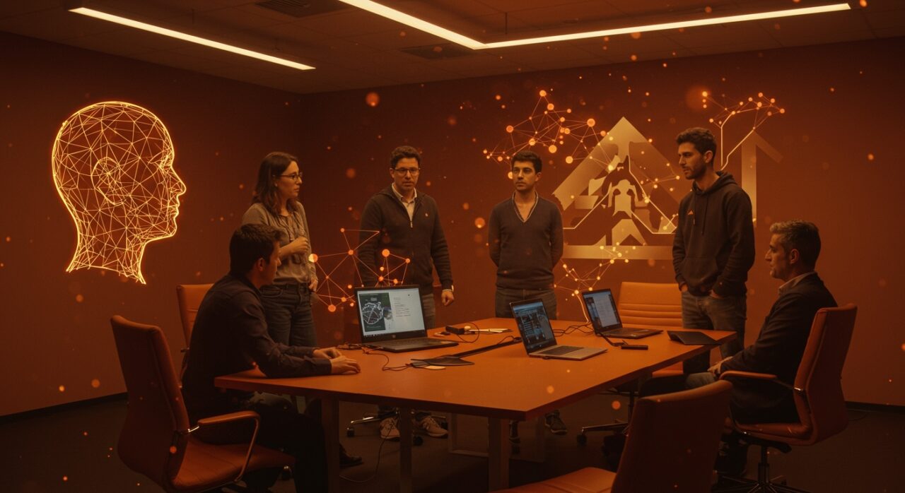 Startups madrileñas presentando innovaciones deportivas y tecnológicas al Atlético de Madrid en un entorno colaborativo de emprendimiento y sostenibilidad.