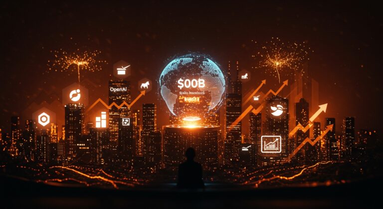 Las startups tecnológicas más valiosas en 2025 lideradas por OpenAI con valoración de 500 mil millones, destacadas en un ecosistema futurista en tonos naranja y negro.