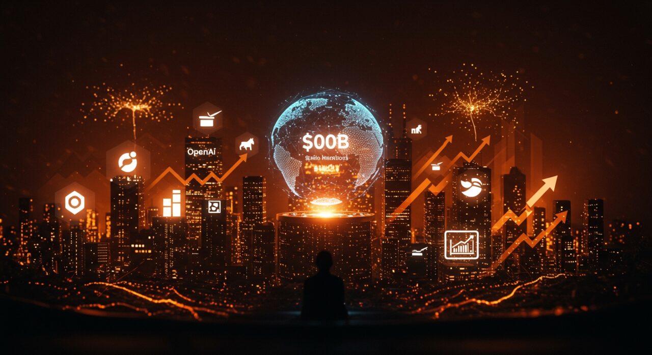 Las startups tecnológicas más valiosas en 2025 lideradas por OpenAI con valoración de 500 mil millones, destacadas en un ecosistema futurista en tonos naranja y negro.