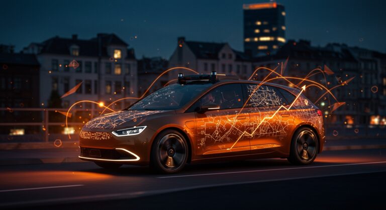 Robotaxi eléctrico autónomo de Stellantis y Pony.ai circulando en ciudad europea, representando movilidad autónoma y tecnología automotriz avanzada.