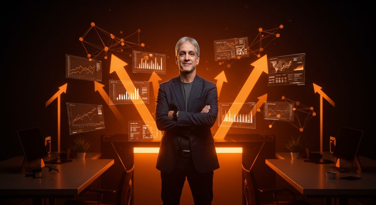 Cristóbal Piñera liderando el fondo Tantauco Ventures para startups tecnológicas e IA en Latinoamérica con visuales de crecimiento y redes neuronales.