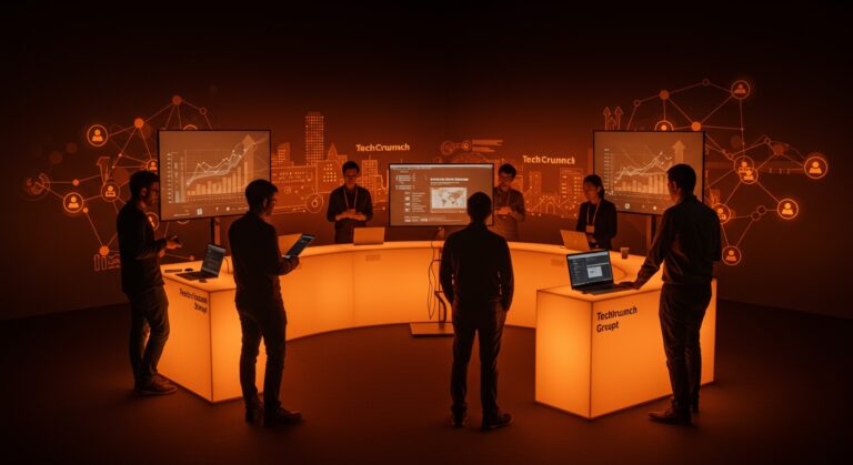 Startup mostrando su mesa de exhibición en TechCrunch Disrupt 2025, destacando la visibilidad y networking en el evento tech en San Francisco.