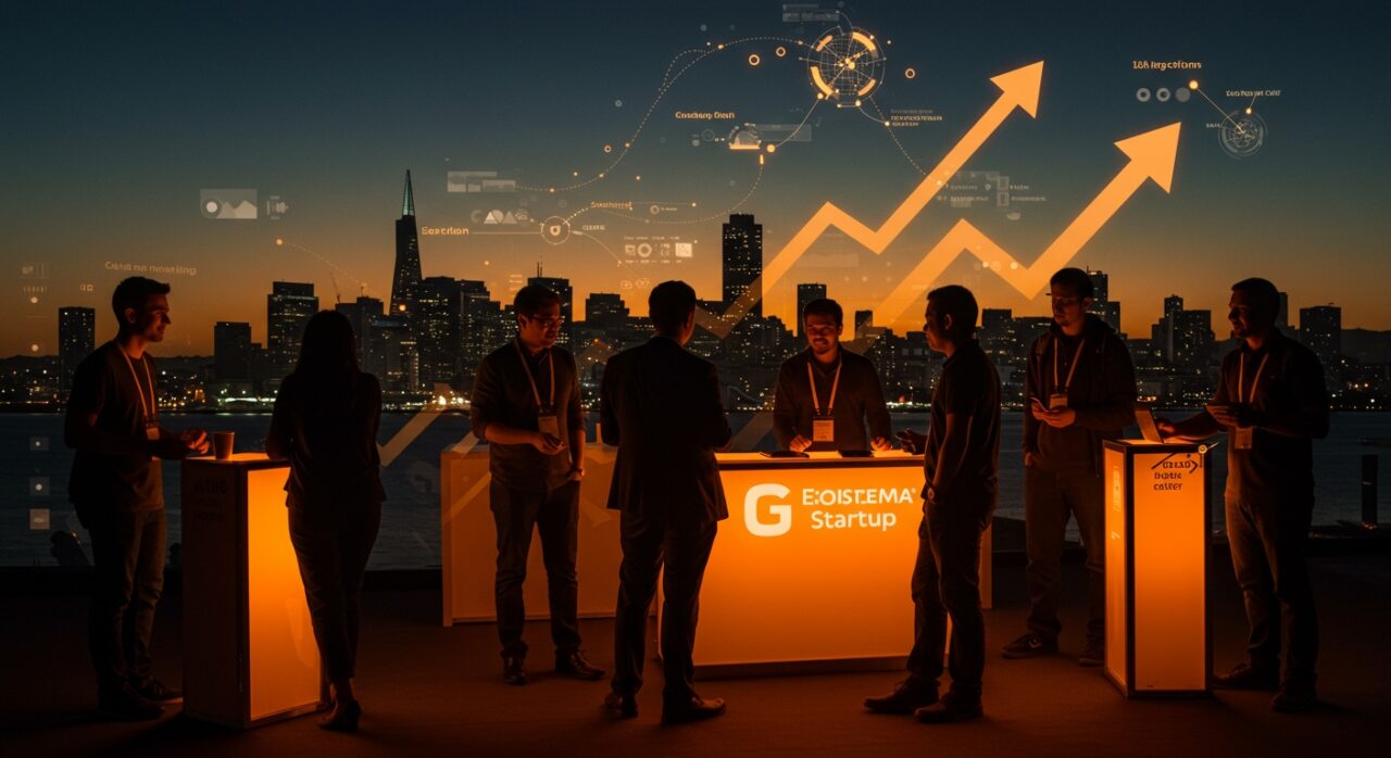 Mesa de exhibición para startups en TechCrunch Disrupt 2025 con emprendedores conectando y networking en San Francisco.