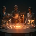 Profesionales de RRHH y startups colaborando con interfaces holográficas de IA y gestión de talento, mostrando tendencias en recursos humanos 2025.