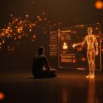 Persona tomando decisiones personales con influencia de inteligencia artificial en contexto de ética tecnológica y relaciones humanas.