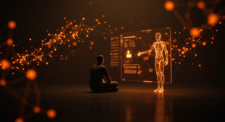 Persona tomando decisiones personales con influencia de inteligencia artificial en contexto de ética tecnológica y relaciones humanas.