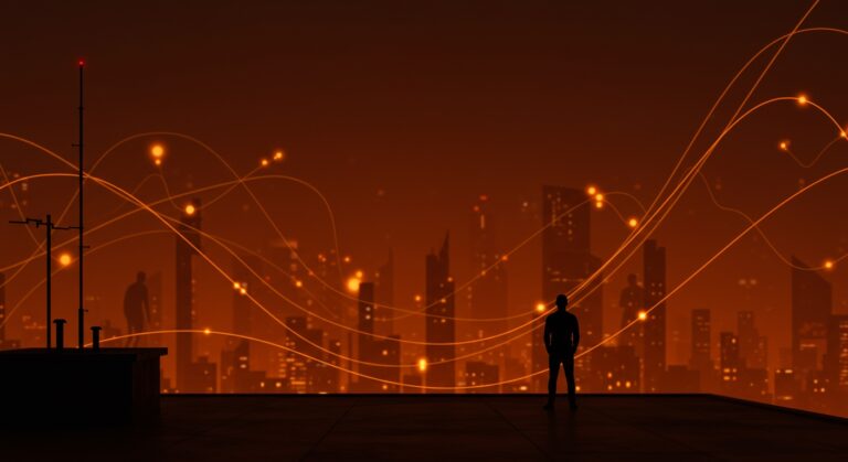 Líder tech frente a ciudad digital futurista, ilustrando poder corporativo, liderazgo disruptivo y transformación en startups.