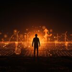 Transición energética global representada por un emprendedor observando un horizonte digital con energías renovables y símbolos de sostenibilidad en naranja y negro.