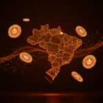 Visualización digital de tokenización en Latinoamérica con Brasil como centro de innovación en blockchain y fintech, mostrando crecimiento regional y economía fluida.