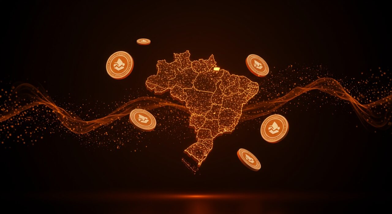Visualización digital de tokenización en Latinoamérica con Brasil como centro de innovación en blockchain y fintech, mostrando crecimiento regional y economía fluida.