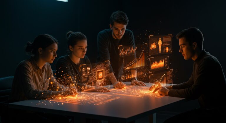 Las 20 startups españolas más innovadoras en IA, fintech y salud digital según LinkedIn en 2025, representadas por emprendedores colaborando con tecnologías digitales en ecosistema naranja y negro.