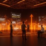 Fundadores tecnológicos e inversores en conferencia TechCrunch Disrupt 2025 en San Francisco con elementos visuales de innovación y networking startup.