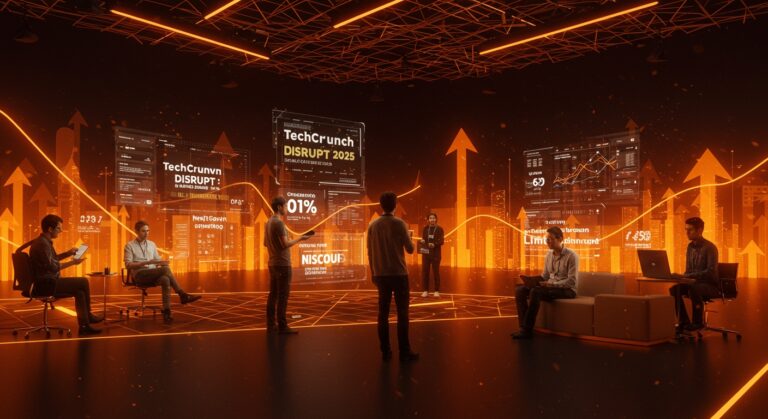 Fundadores tecnológicos e inversores en conferencia TechCrunch Disrupt 2025 en San Francisco con elementos visuales de innovación y networking startup.