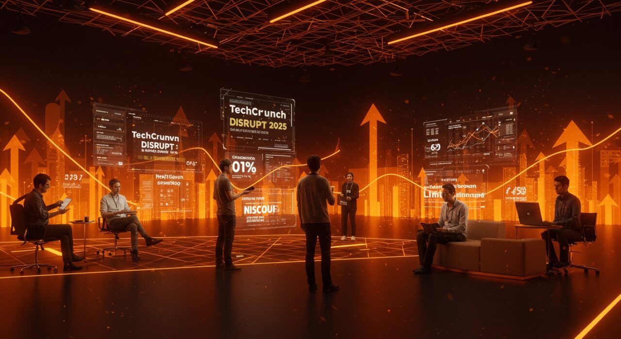 Fundadores tecnológicos e inversores en conferencia TechCrunch Disrupt 2025 en San Francisco con elementos visuales de innovación y networking startup.