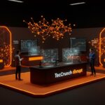 Mesa de exhibición en TechCrunch Disrupt 2025 con emprendedores y tecnología avanzada en evento de startups y networking tecnológico.