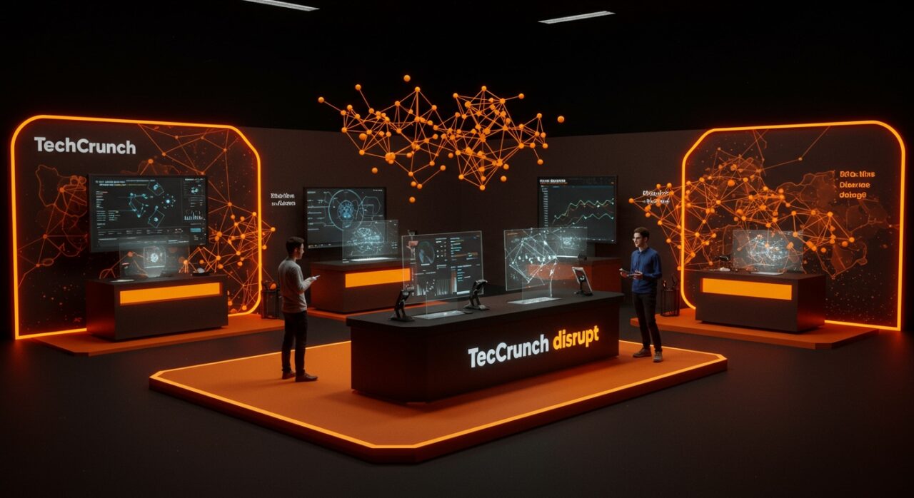 Mesa de exhibición en TechCrunch Disrupt 2025 con emprendedores y tecnología avanzada en evento de startups y networking tecnológico.