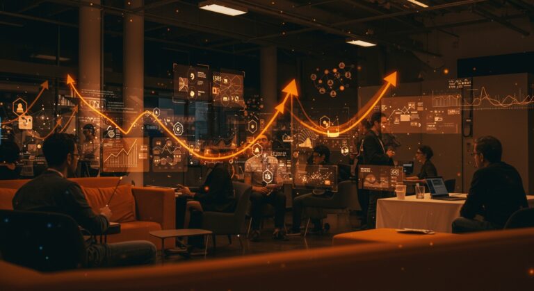 Participantes en TechCrunch Disrupt 2025 conectando y exponiendo startups en evento tech de San Francisco con líderes y venture capital.