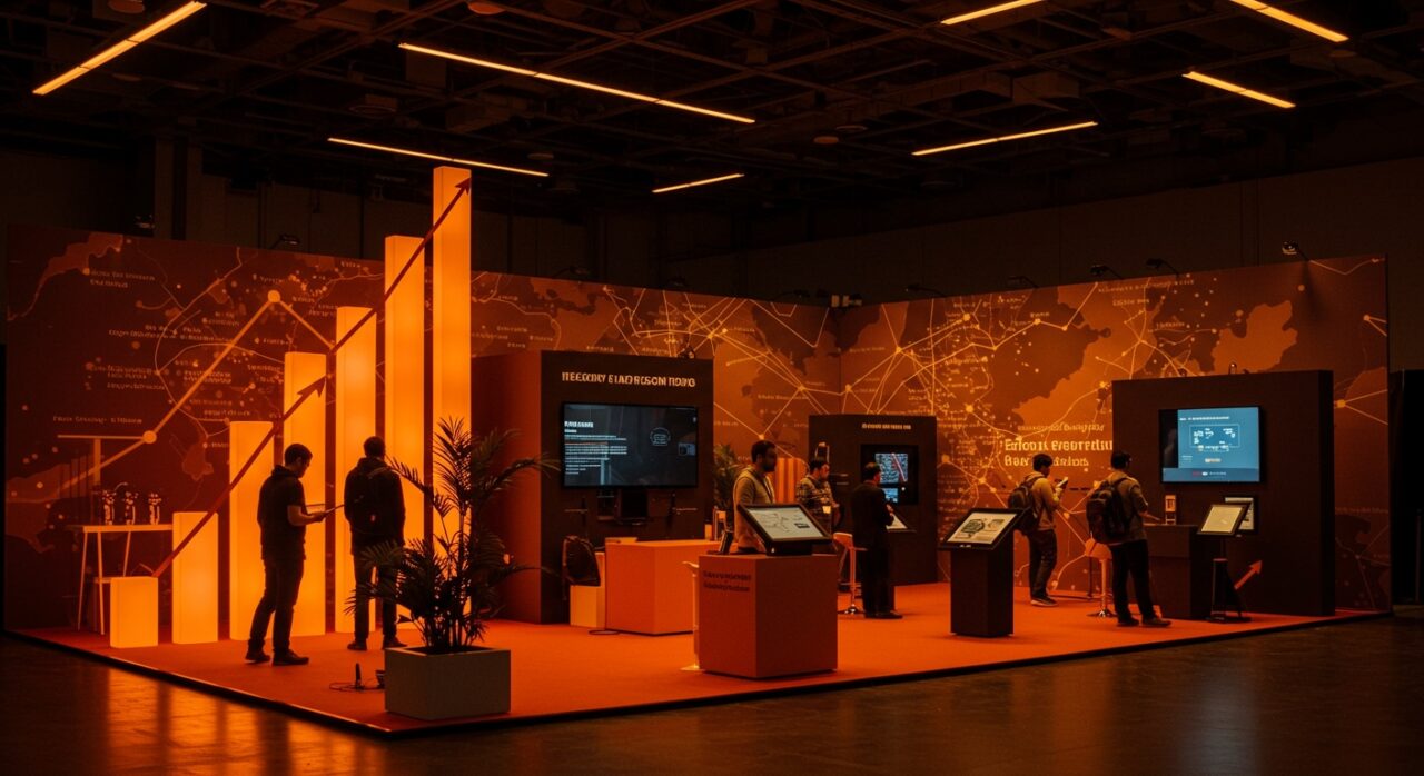 Espacio de exhibición en TechCrunch Disrupt San Francisco con startups tecnológicas en exhibición y ambiente innovador en Silicon Valley.