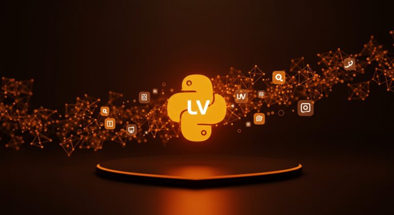 Visualización futurista del ecosistema Python potenciando la gestión eficiente de entornos y dependencias con la herramienta uv, destacando automatización y desarrollo software.