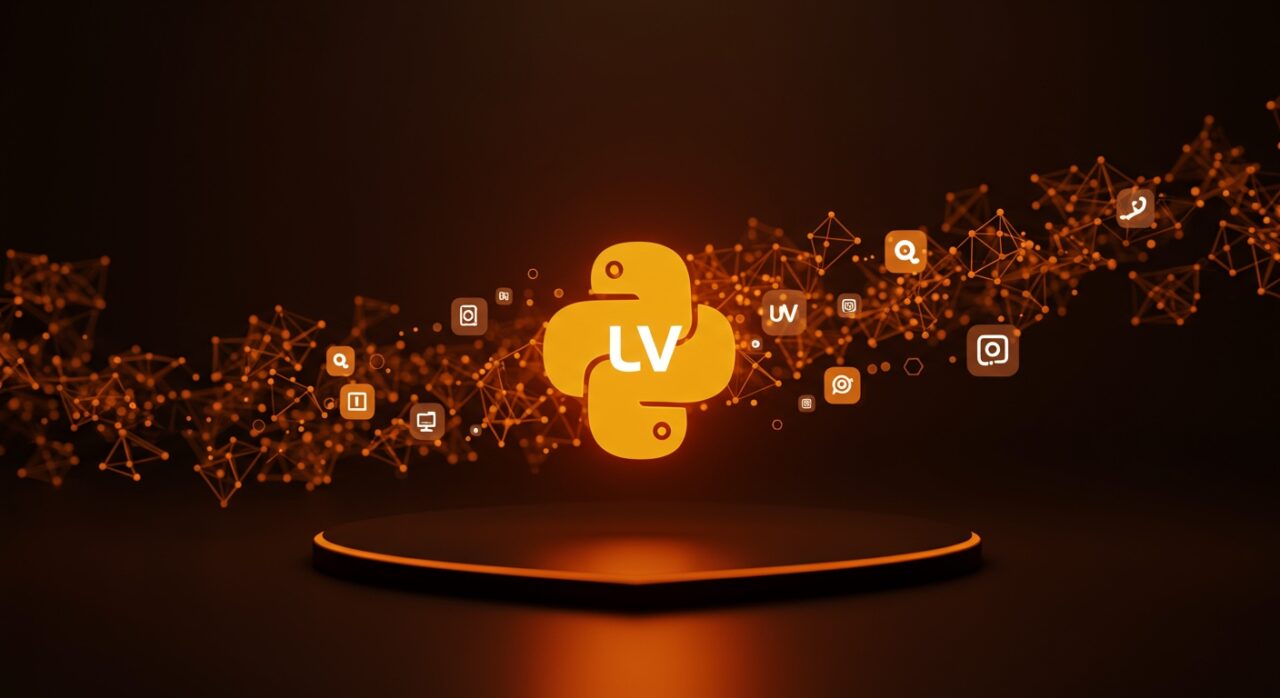Visualización futurista del ecosistema Python potenciando la gestión eficiente de entornos y dependencias con la herramienta uv, destacando automatización y desarrollo software.