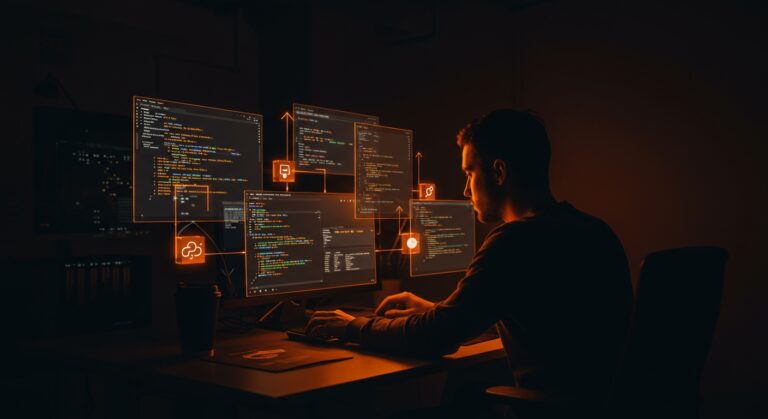 Gestión eficiente y segura de variables de entorno en Linux para startups tech, mostrando programación y configuración en un ambiente moderno con tonos naranja y negro.