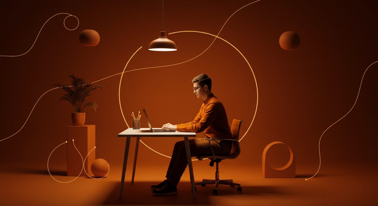 Emprendedor en un entorno minimalista mostrando vida simple y equilibrio para éxito sostenible en startups.