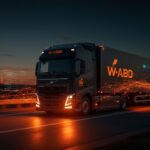 Camión autónomo innovador de Waabi y Volvo destacando tecnología avanzada en transporte de carga.