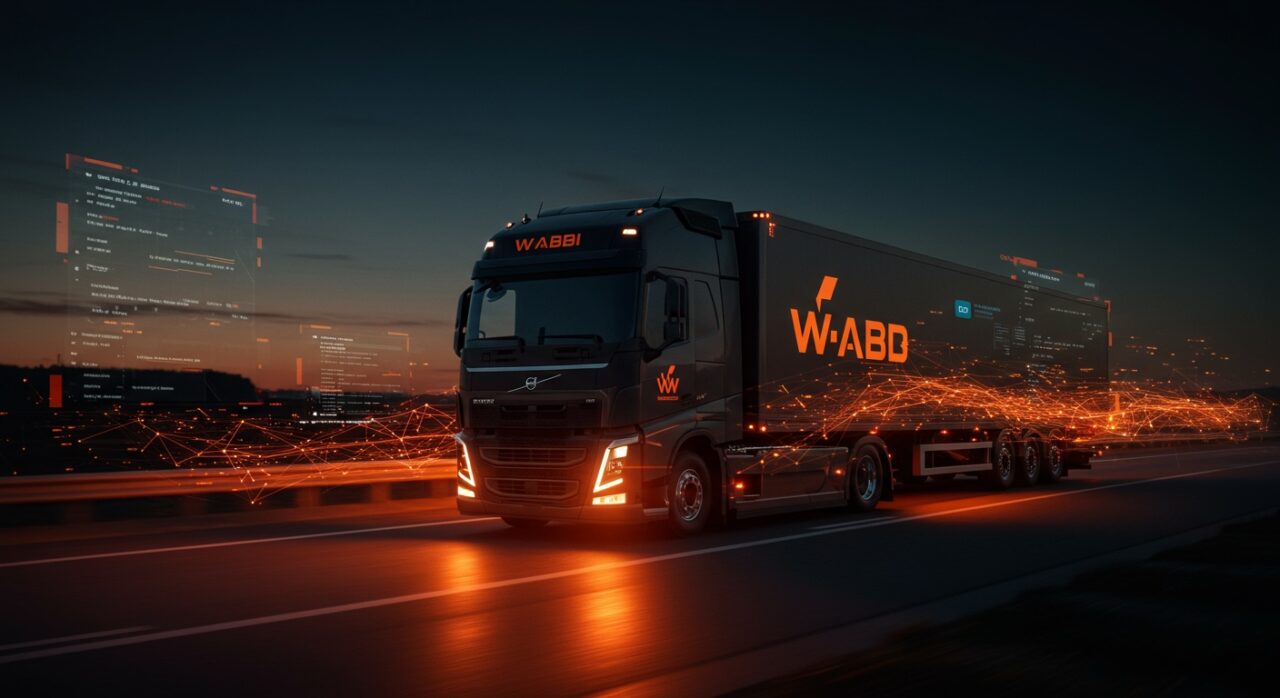 Camión autónomo innovador de Waabi y Volvo destacando tecnología avanzada en transporte de carga.