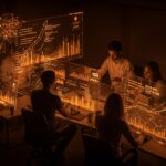 Desarrolladores colaborando en un entorno futurista con gráficos de consumo IA y planes de precios flexibles de Warp Terminal para optimizar costos y automatización.