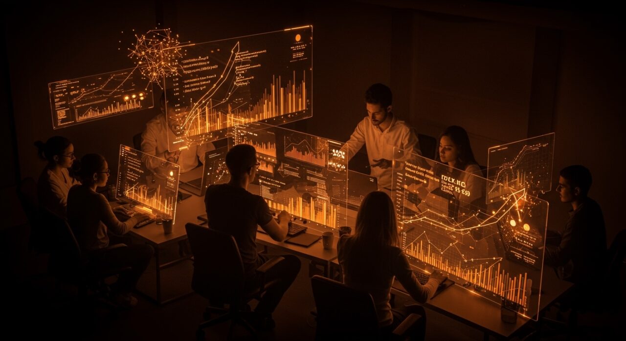 Desarrolladores colaborando en un entorno futurista con gráficos de consumo IA y planes de precios flexibles de Warp Terminal para optimizar costos y automatización.