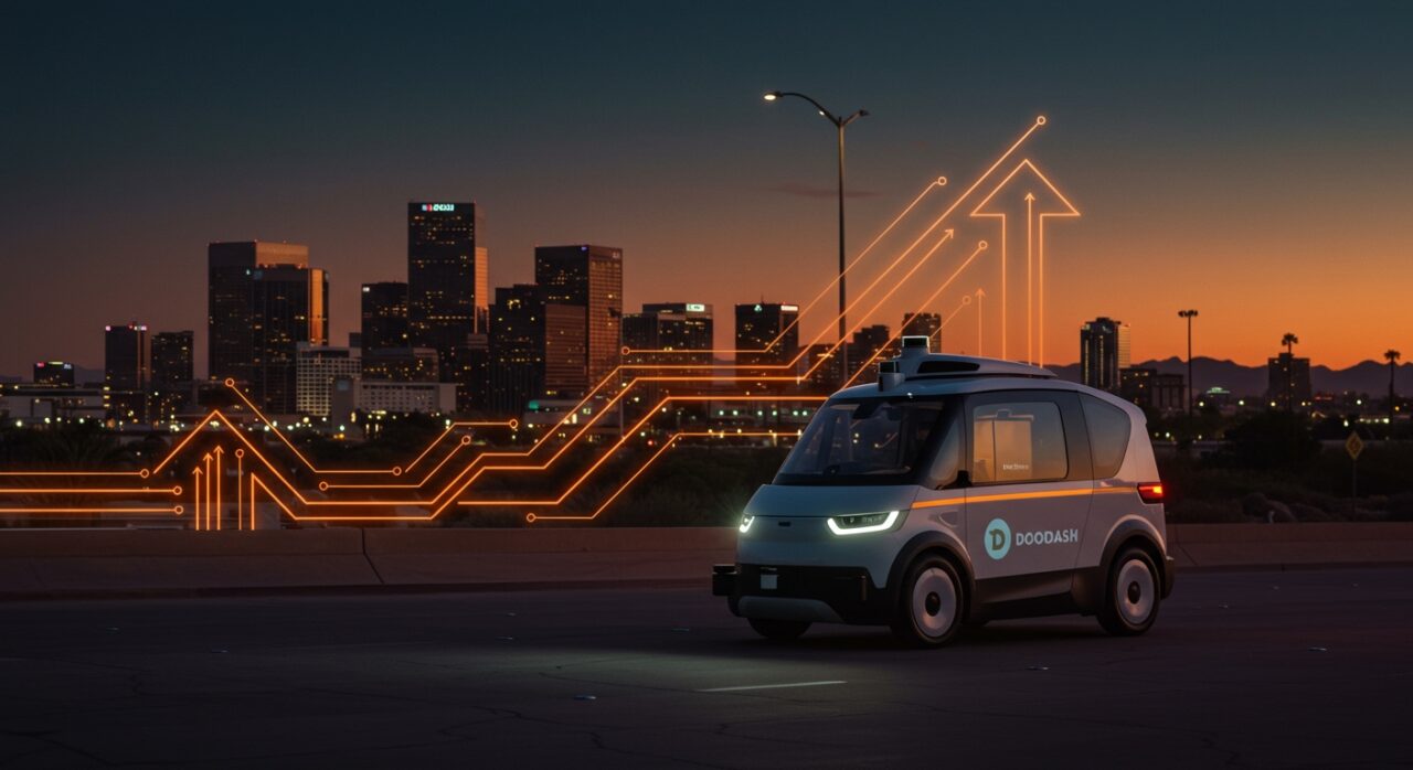 Vehículo autónomo de Waymo realizando entregas DoorDash en Phoenix, mostrando innovación en delivery autónomo y movilidad sin conductor.
